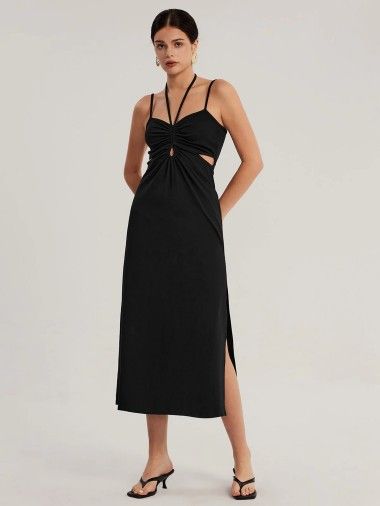 Black HoCo Slit Drawstring Midi Dress - pespoints