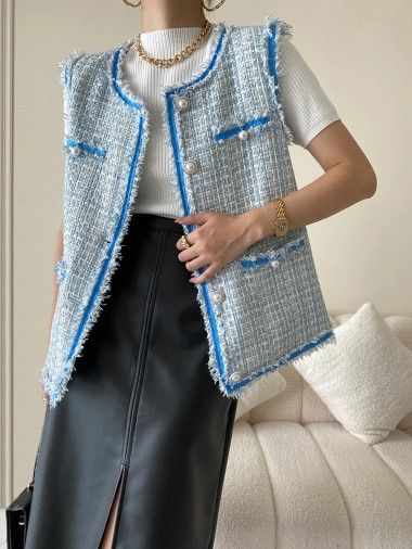 Wool Vintage Frayed Tweed Vest Jacket - pespoints