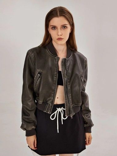 Faux Leather Bomber Jacket - pespoints