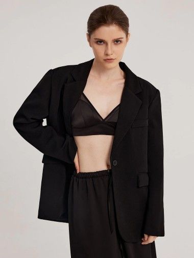 Single Breasted Oversized Blazer with Shoulder Pads - pespoints