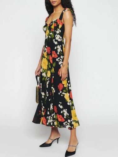 Floral Print Lacing High Waist Flare Slip Dress - pespoints