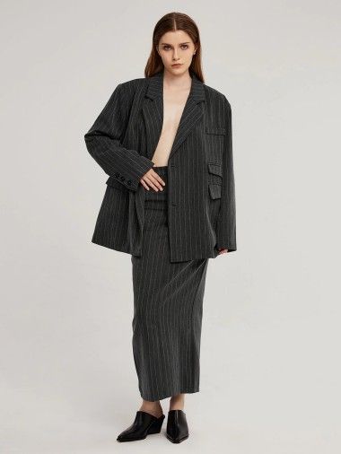 Striped Boxy Fit Blazer with Shoulder Pads - pespoints